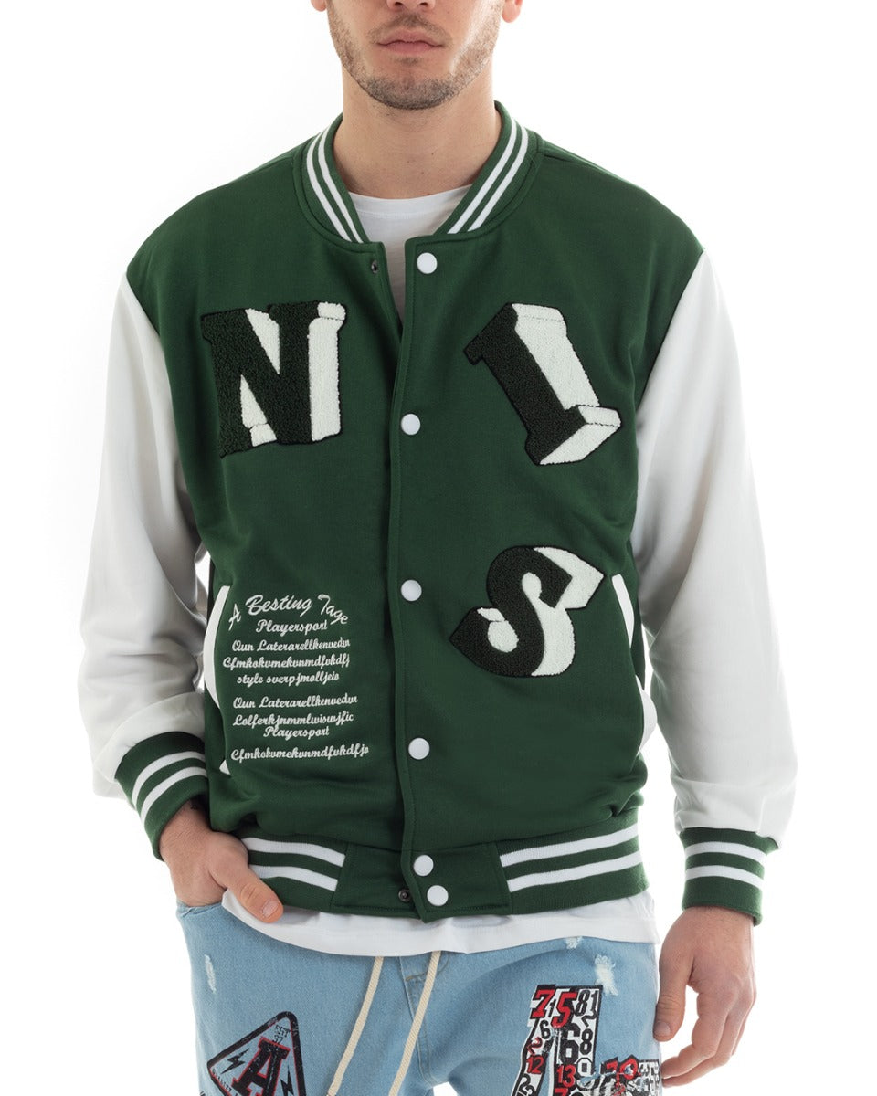 Felpa Uomo Giubbotto College Varsity Stampa Con Patch Bicolore Verde GIOSAL-F2975A