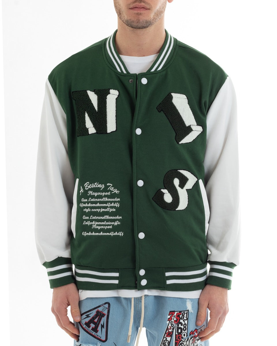 Felpa Uomo Giubbotto College Varsity Stampa Con Patch Giaccone Caldo Bicolore Casual Verde GIOSAL-F2975A
