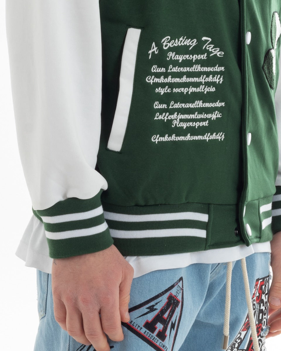 Felpa Uomo Giubbotto College Varsity Stampa Con Patch Giaccone Caldo Bicolore Casual Verde GIOSAL-F2975A