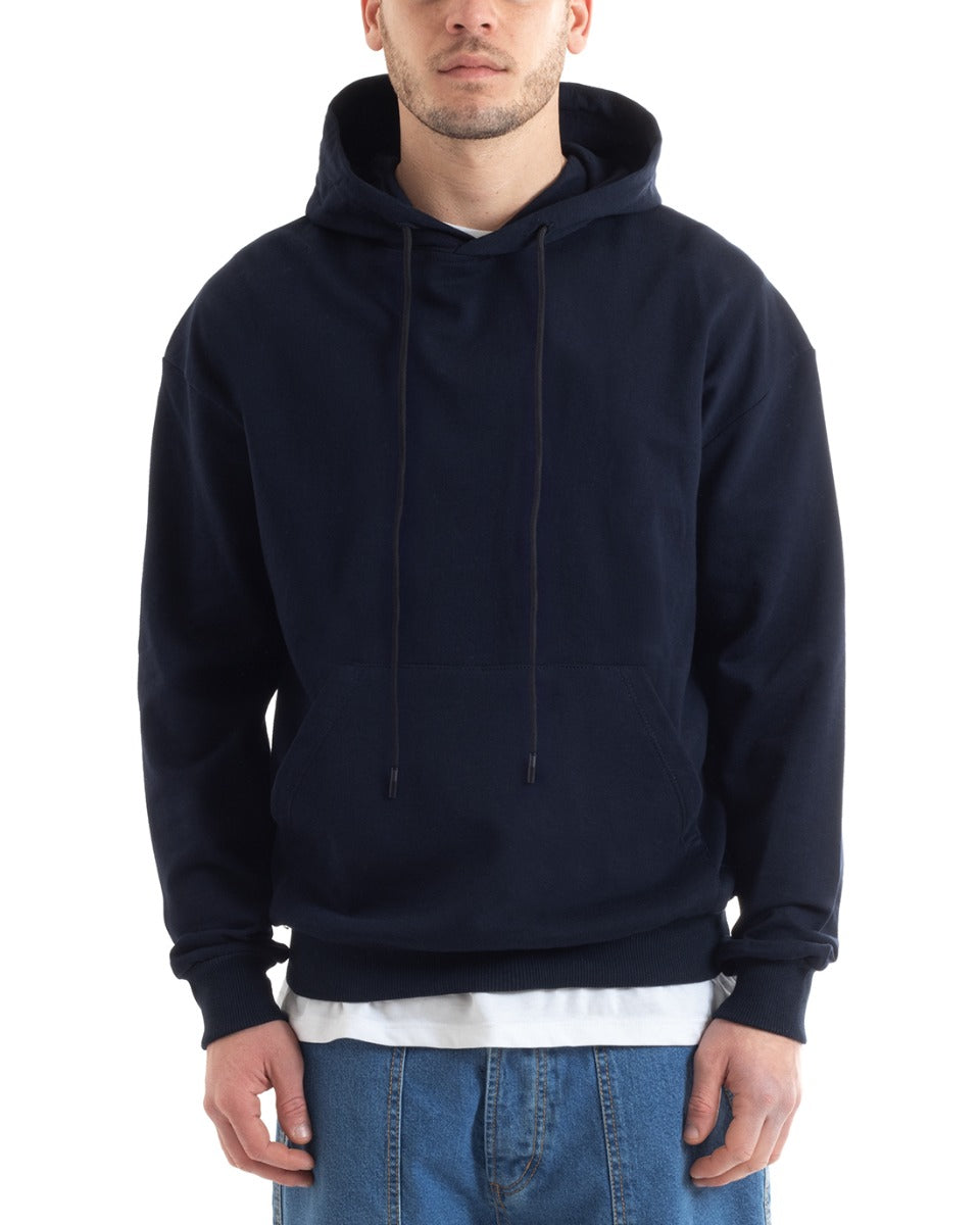 Felpa Con Cappuccio Uomo Basic Tinta Unita Blu Comoda Relaxed Fit Cotone GIOSAL-F2976A