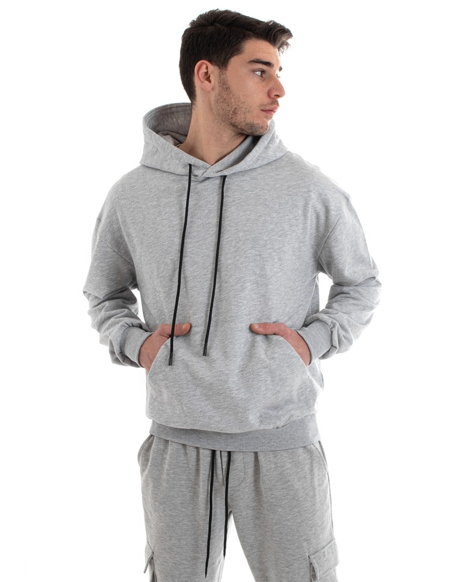 Felpa Con Cappuccio Uomo Basic Tinta Unita Grigio Comoda Relaxed Fit Cotone GIOSAL-F2981A