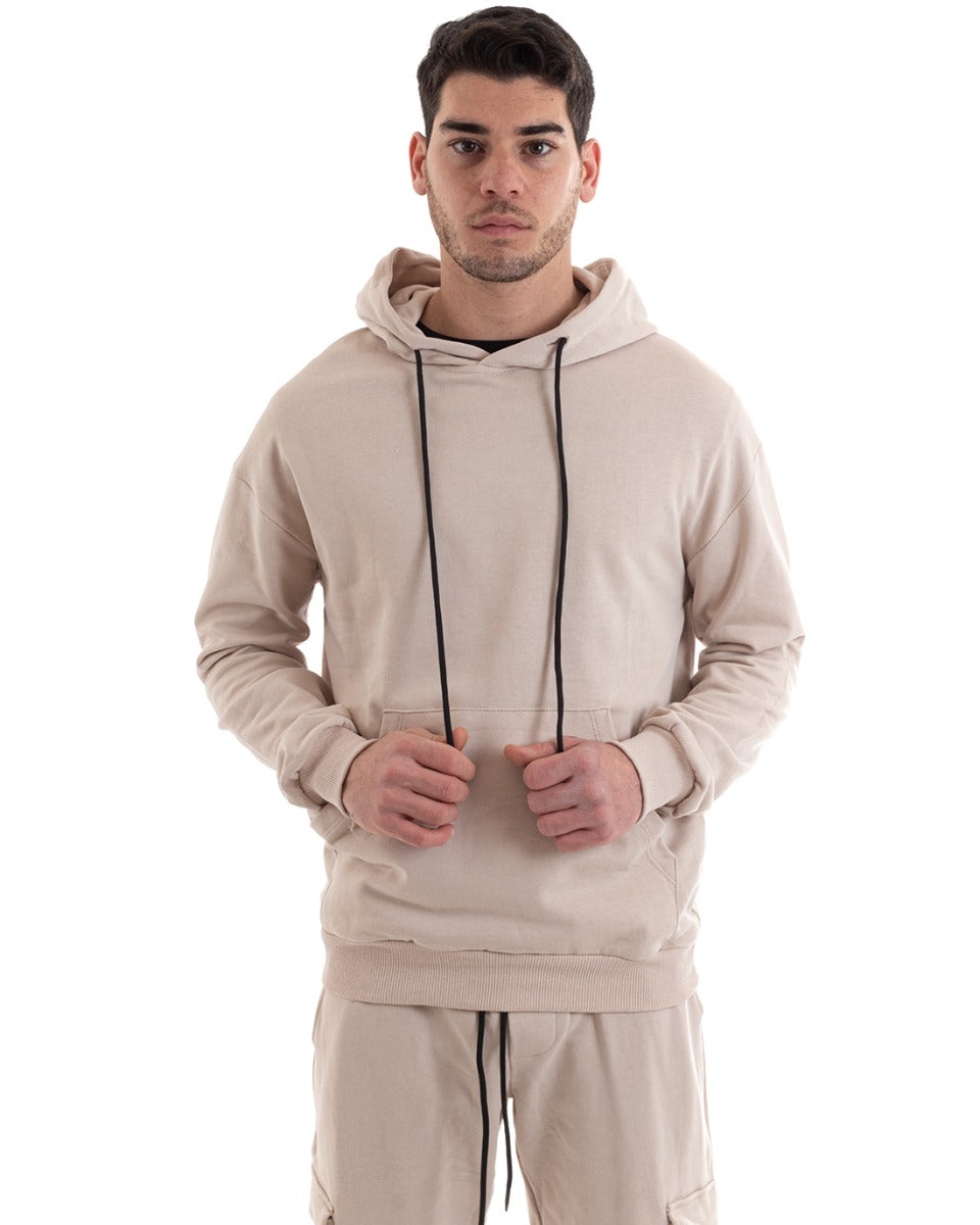 Felpa Con Cappuccio Uomo Basic Tinta Unita Beige Comoda Relaxed Fit Cotone GIOSAL-F2984A