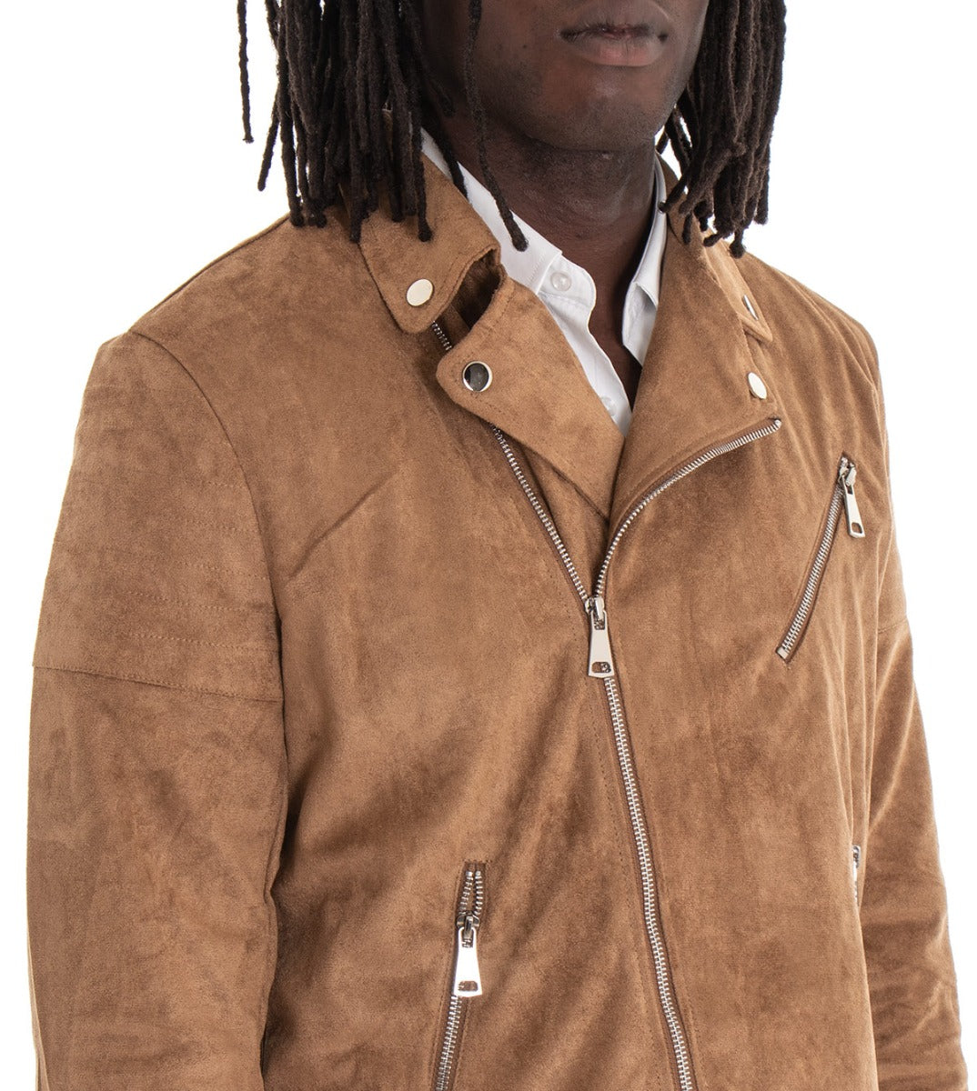 Giubbotto Uomo Giacca Chiodo Con Zip Camoscio Tinta Unita Camel Casual GIOSAL-G2345A