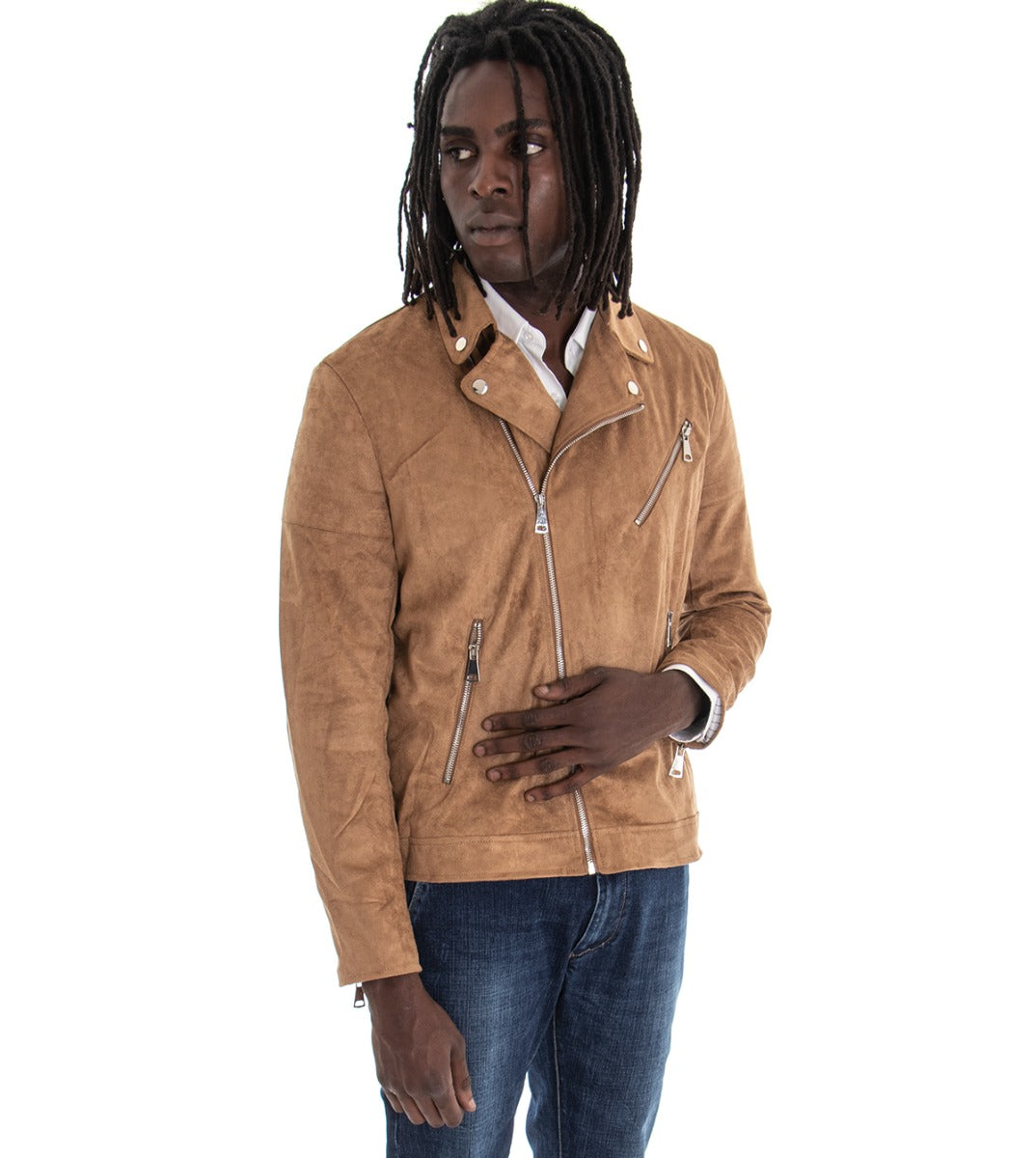 Giubbotto Uomo Giacca Chiodo Con Zip Camoscio Tinta Unita Camel Casual GIOSAL-G2345A