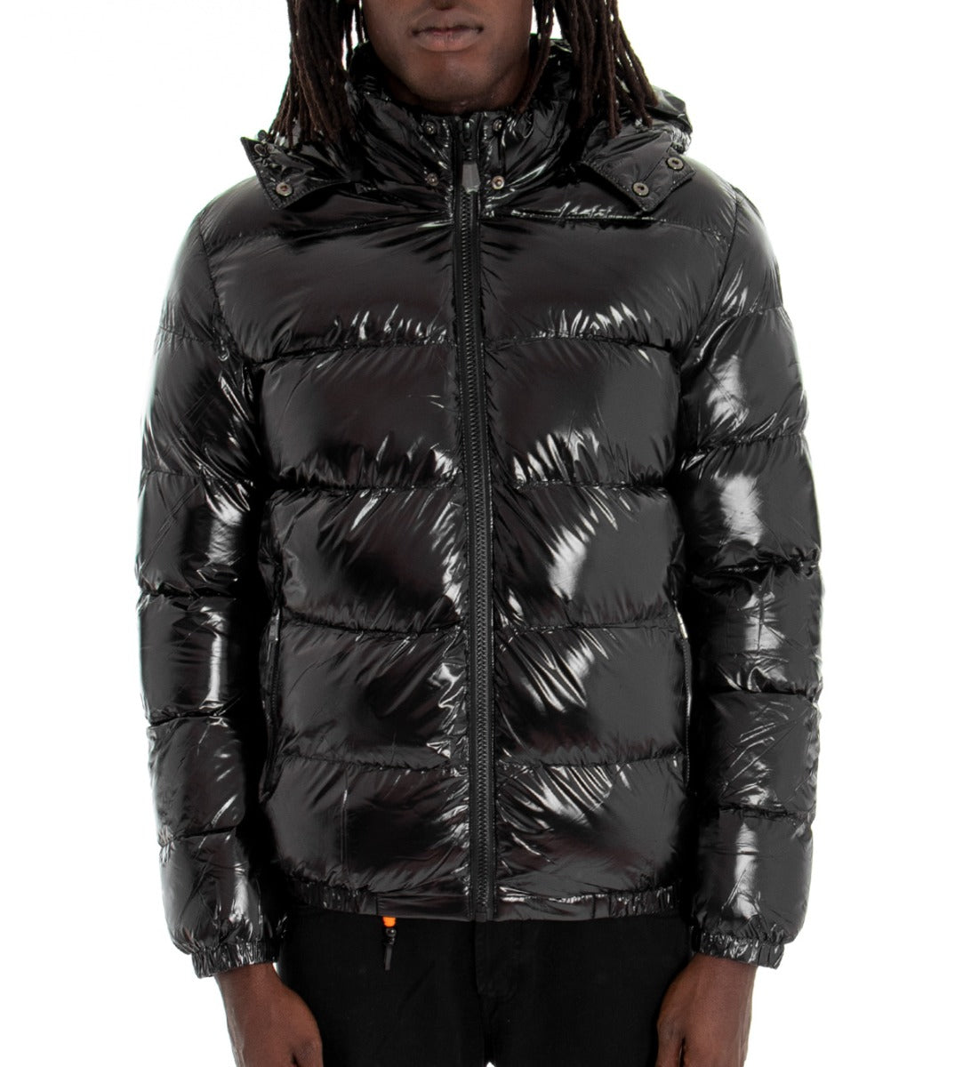 Giubbotto Uomo Vernice Lucido Bomber Con Cappuccio Puffer Piumino Trapuntato Tinta Unita Nero GIOSAL-G2370A