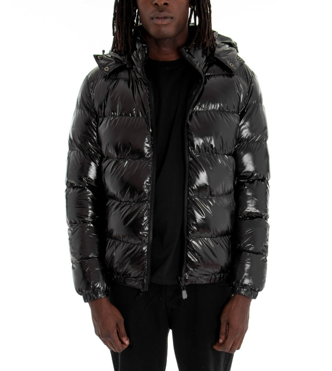 Giubbotto Uomo Vernice Lucido Bomber Con Cappuccio Puffer Piumino Trapuntato Tinta Unita Nero GIOSAL-G2370A
