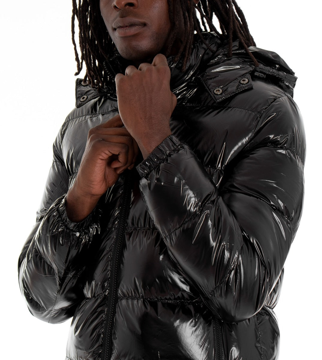 Giubbotto Uomo Vernice Lucido Bomber Con Cappuccio Puffer Piumino Trapuntato Tinta Unita Nero GIOSAL-G2370A