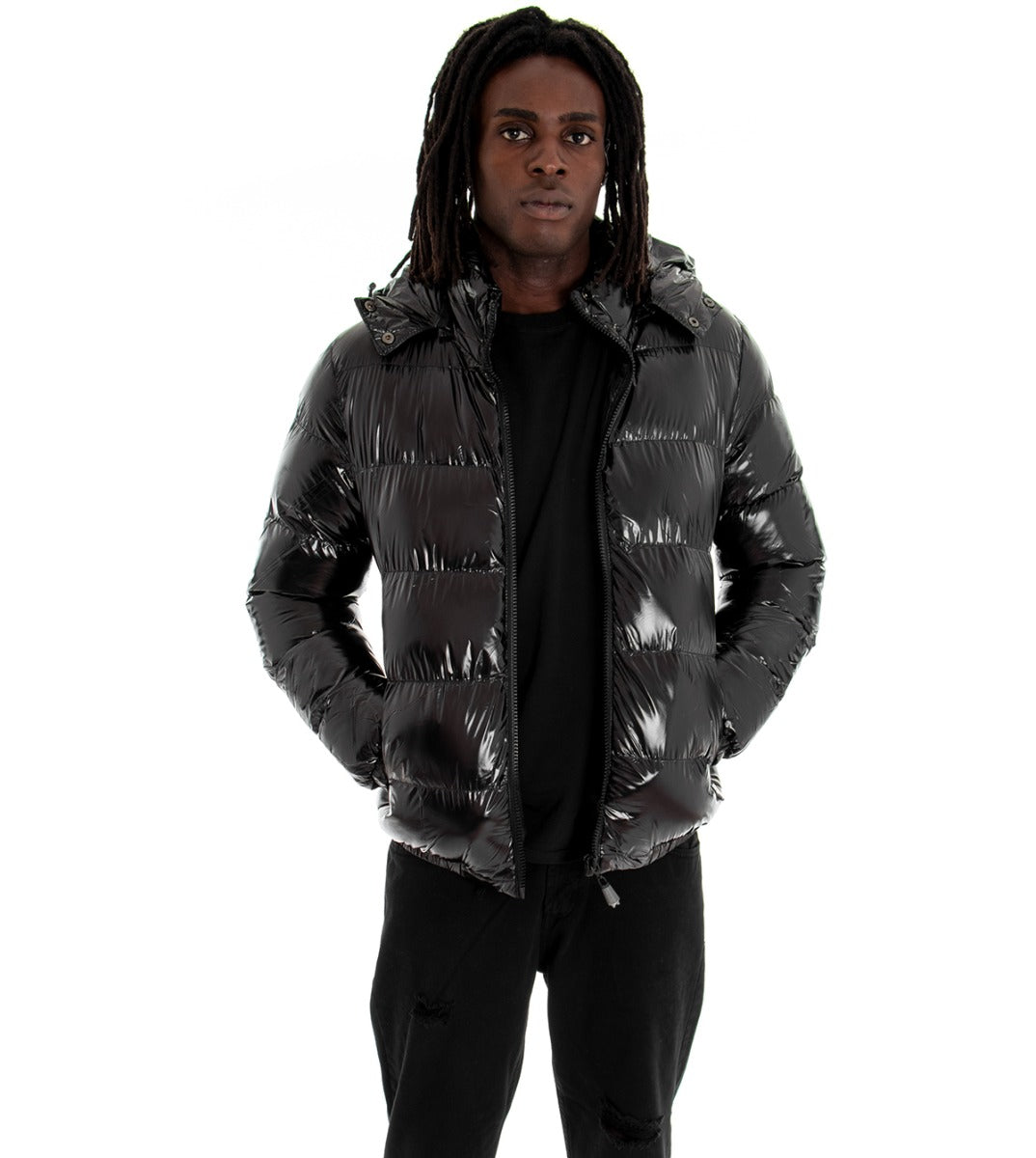 Giubbotto Uomo Vernice Lucido Bomber Con Cappuccio Puffer Piumino Trapuntato Tinta Unita Nero GIOSAL-G2370A