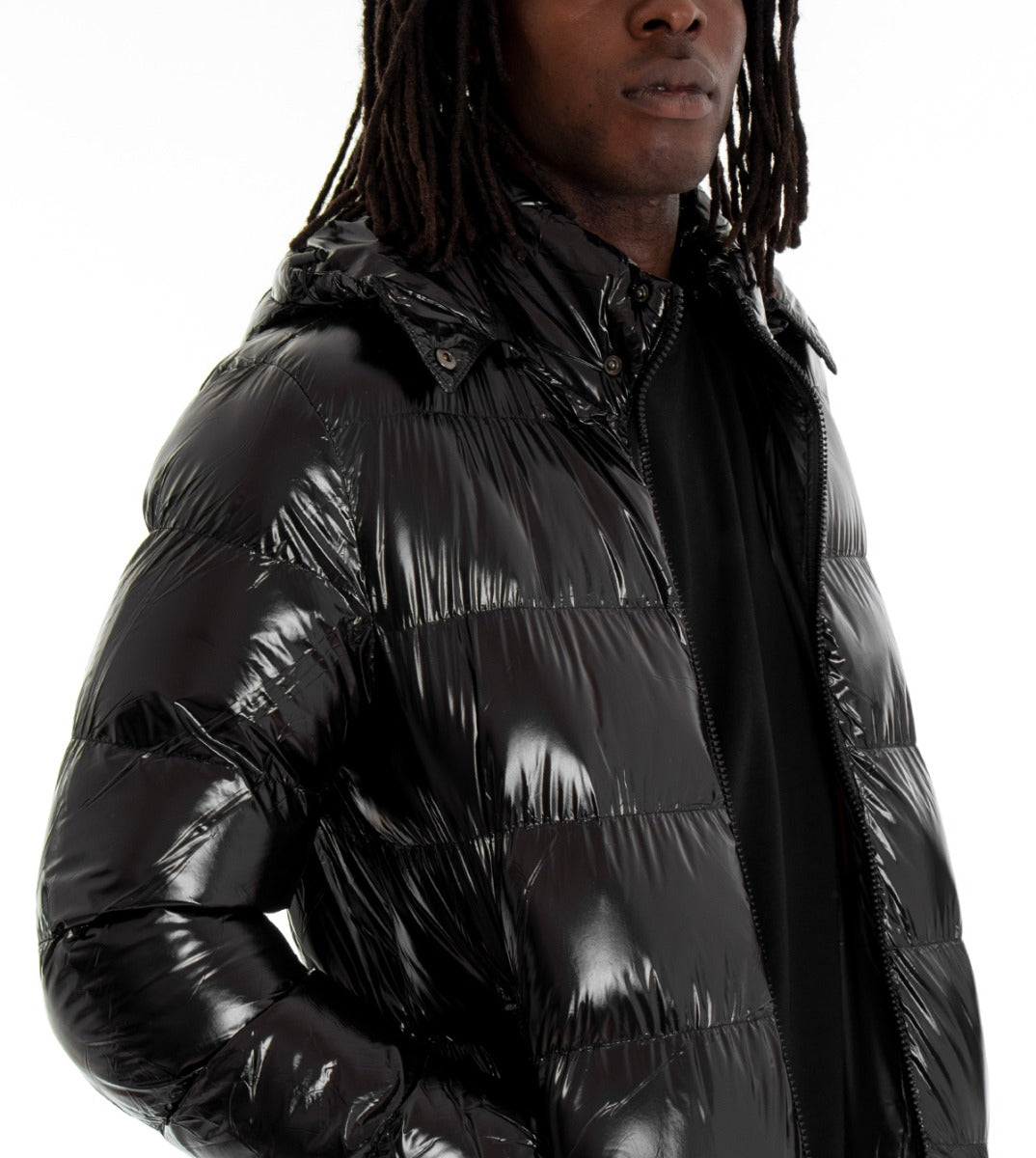 Giubbotto Uomo Vernice Lucido Bomber Con Cappuccio Puffer Piumino Trapuntato Tinta Unita Nero GIOSAL-G2370A