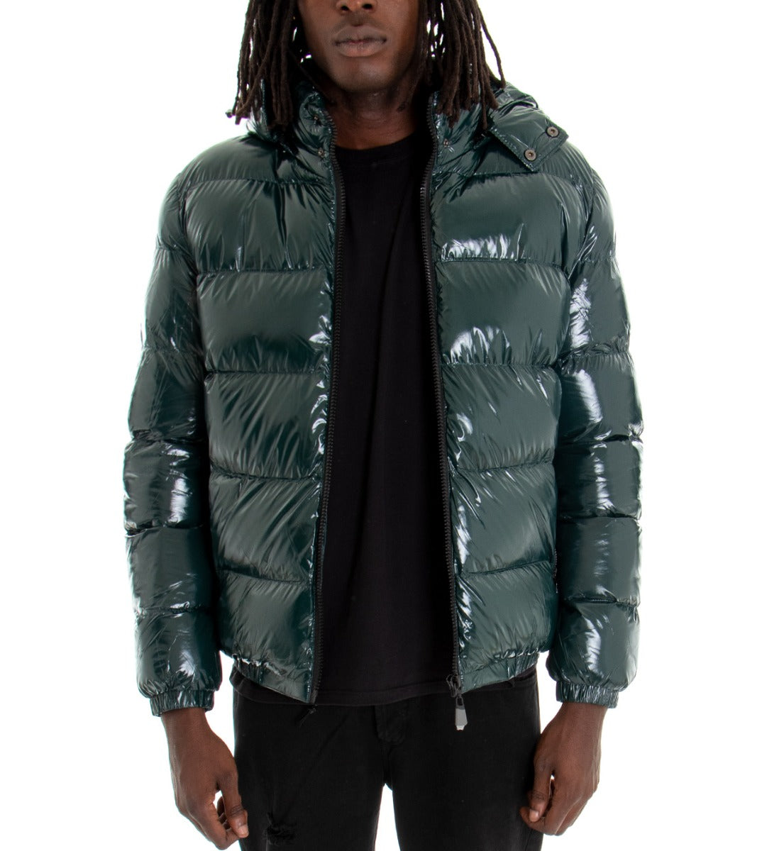 Giubbotto Uomo Vernice Tinta Unita Verde Lucido Bomber Puffer GIOSAL-G2372A