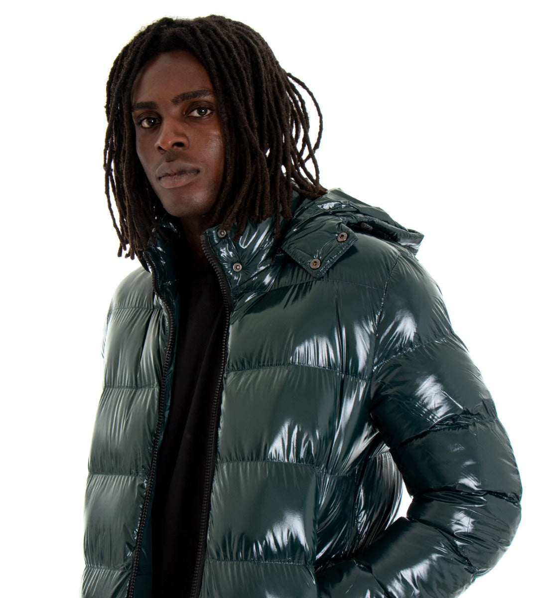 Giubbotto Uomo Vernice Tinta Unita Verde Lucido Bomber Puffer GIOSAL-G2372A