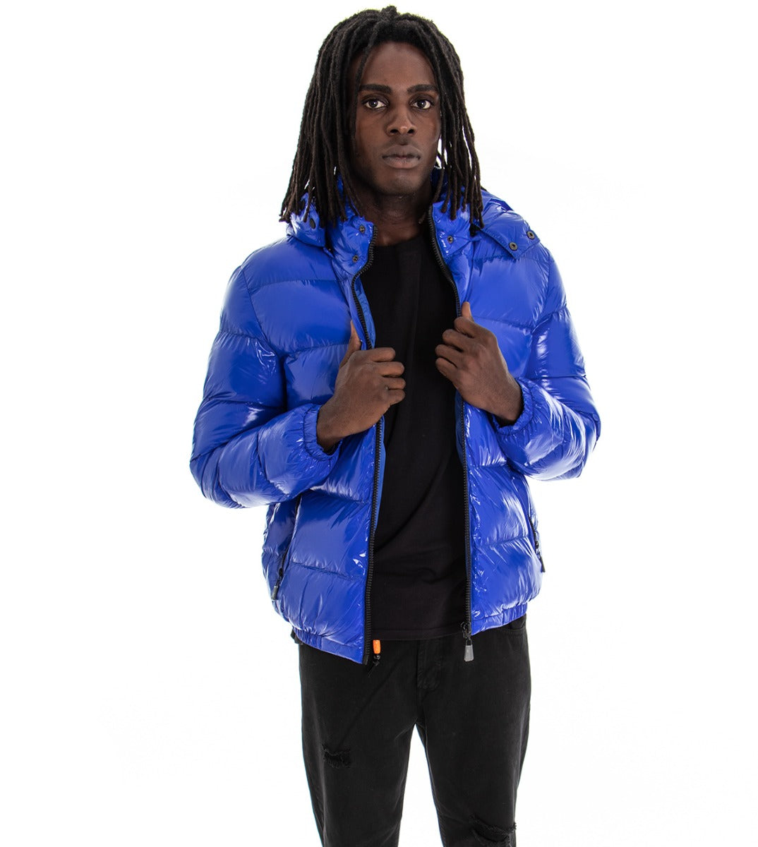 Giubbotto Uomo Vernice Lucido Bomber Con Cappuccio Puffer Piumino Trapuntato Tinta Unita Blu Royal GIOSAL-G2373A