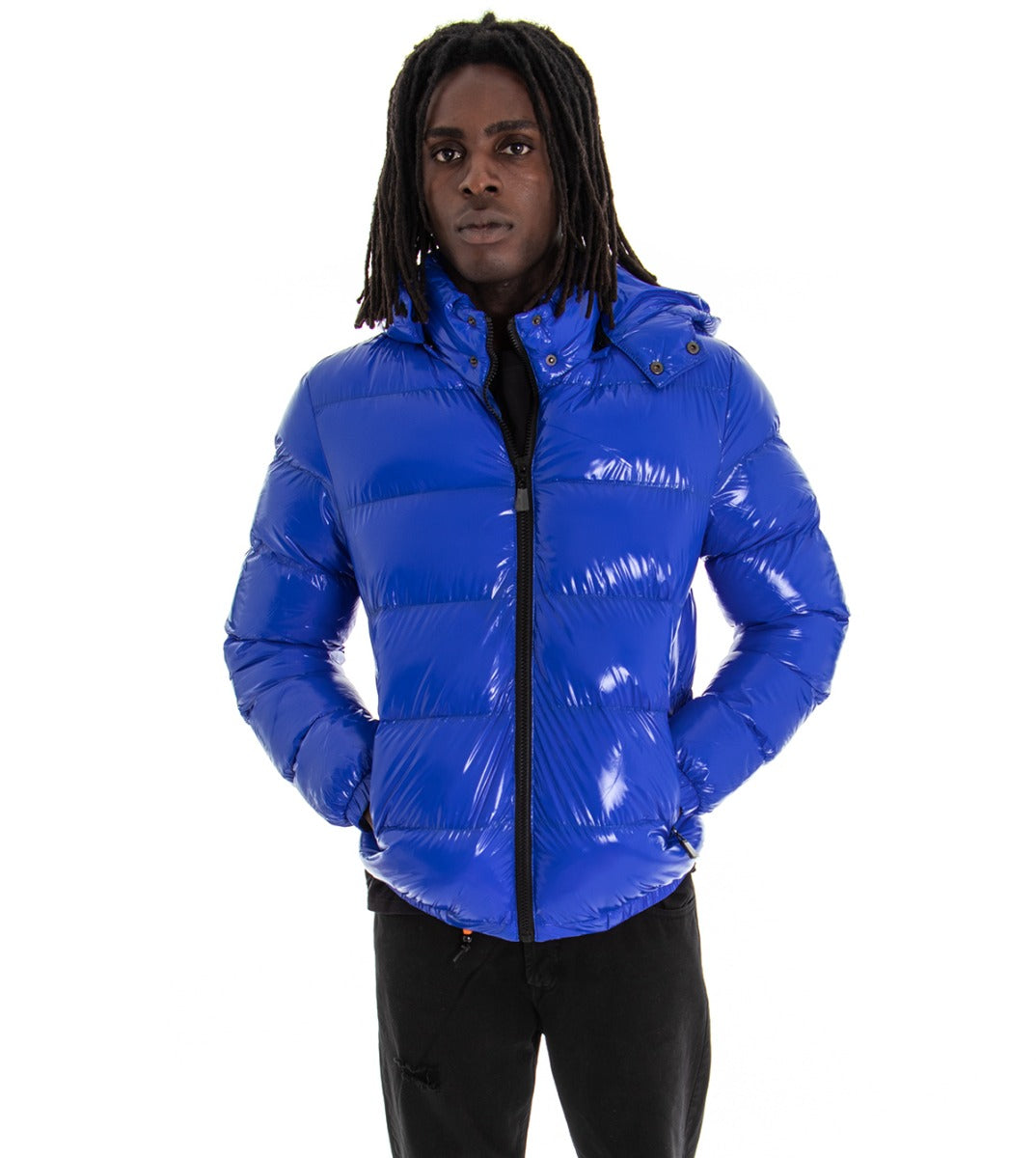 Giubbotto Uomo Vernice Lucido Bomber Con Cappuccio Puffer Piumino Trapuntato Tinta Unita Blu Royal GIOSAL-G2373A