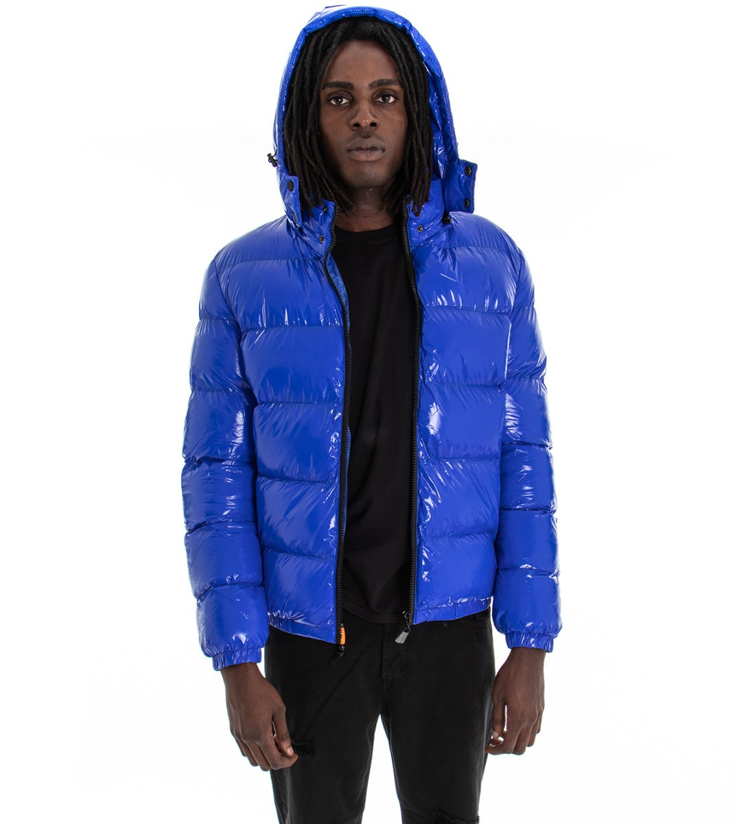 Giubbotto Uomo Vernice Lucido Bomber Con Cappuccio Puffer Piumino Trapuntato Tinta Unita Blu Royal GIOSAL-G2373A