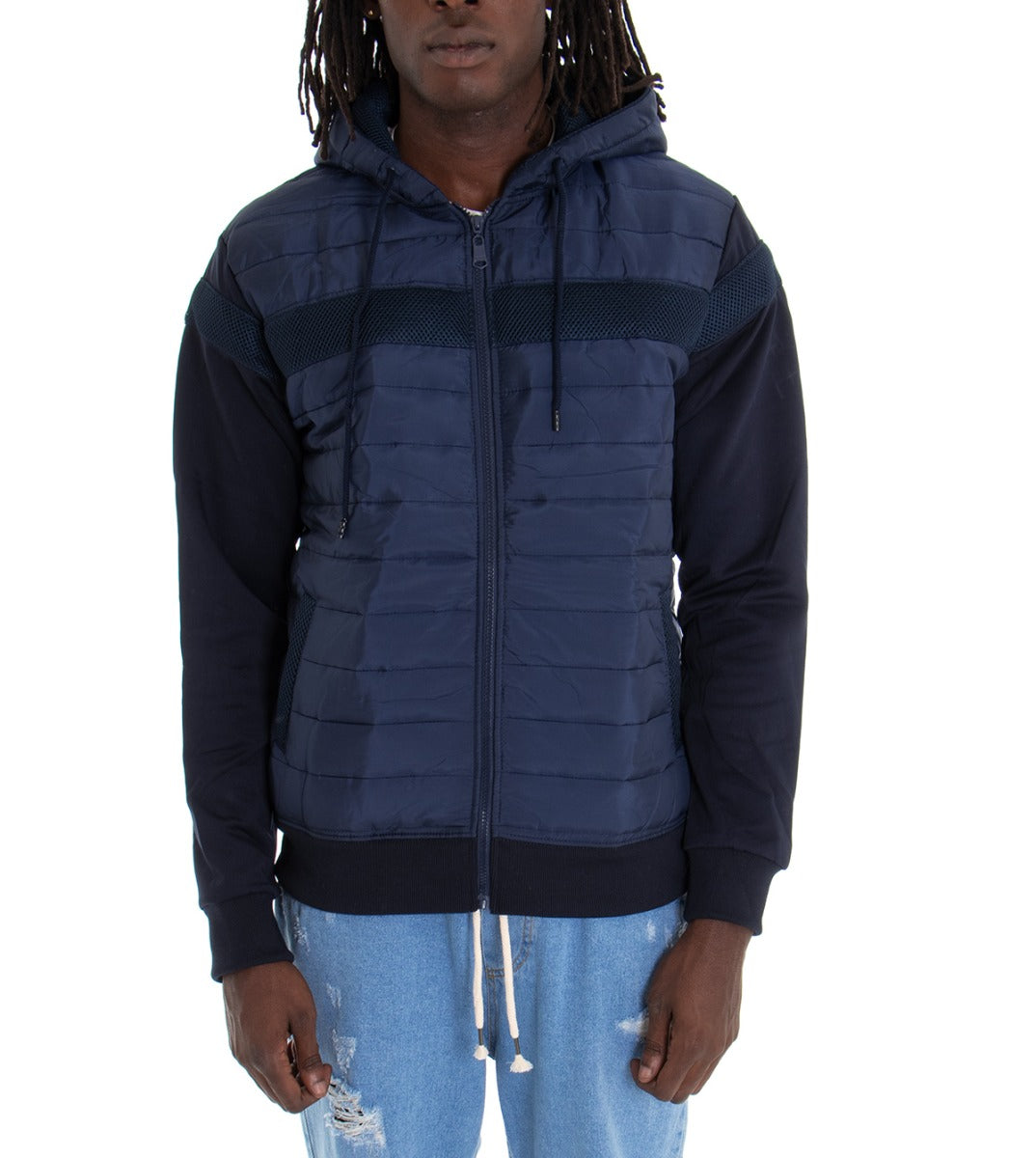 Giubbotto Uomo Bomber Trapuntato Cappuccio Tinta Unita Blu GIOSAL-G2396A