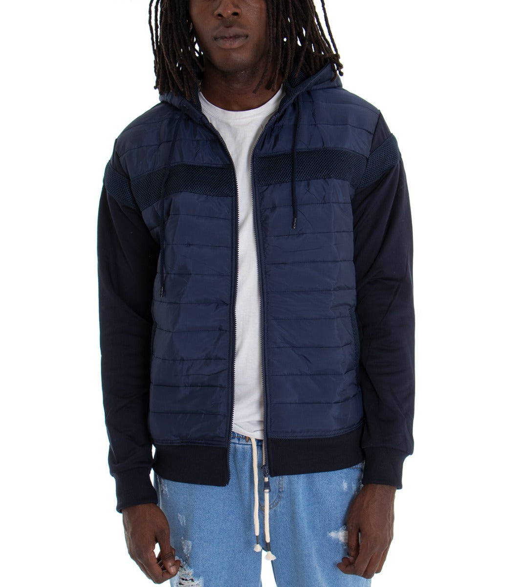 Giubbotto Uomo Bomber Trapuntato Cappuccio Tinta Unita Blu GIOSAL-G2396A