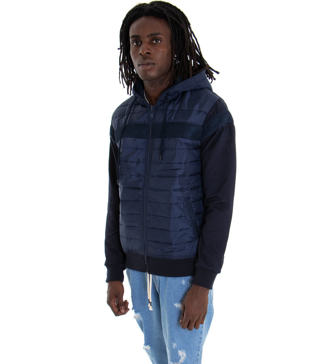 Giubbotto Uomo Bomber Trapuntato Cappuccio Tinta Unita Blu GIOSAL-G2396A
