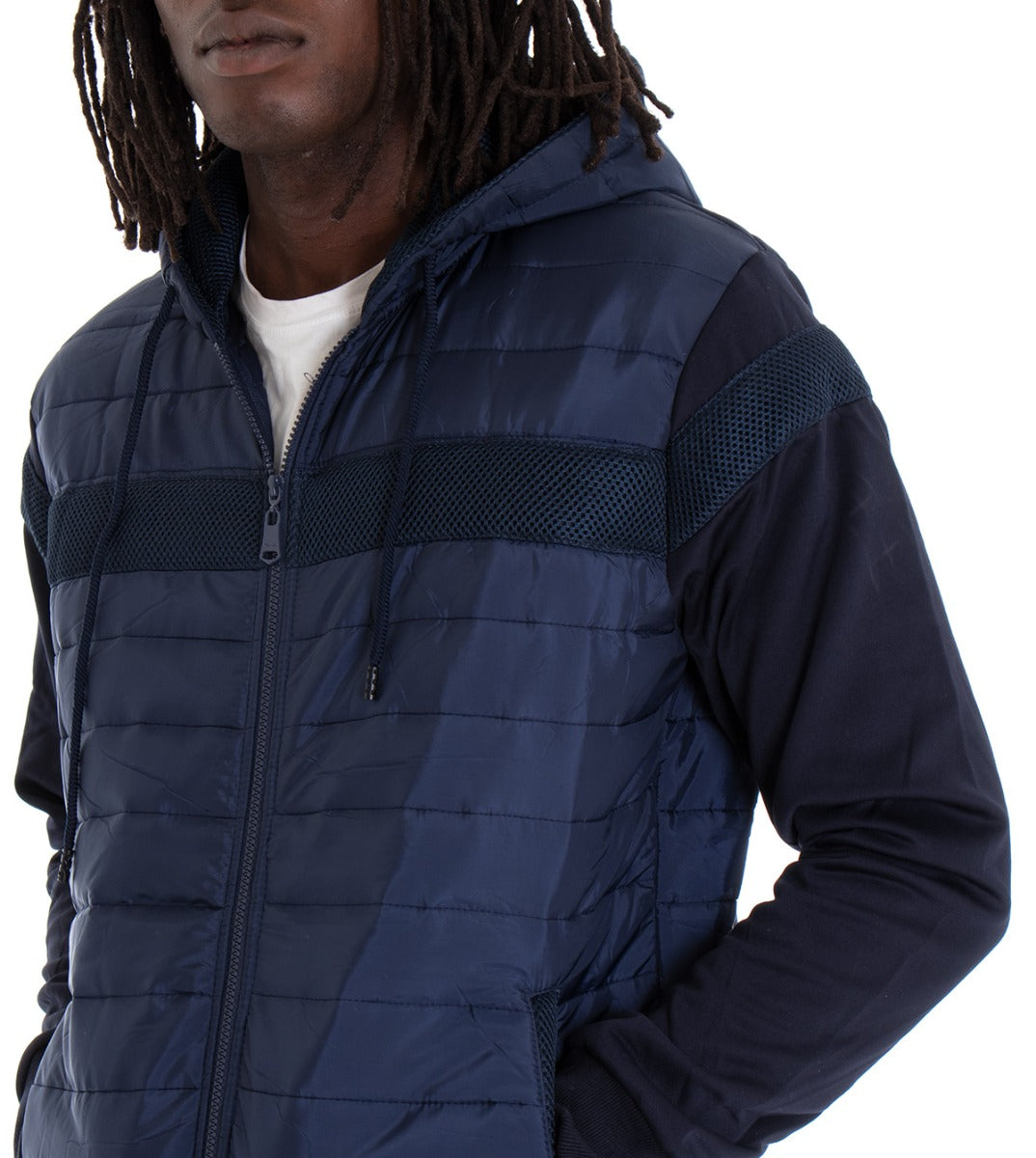 Giubbotto Uomo Bomber Trapuntato Cappuccio Tinta Unita Blu GIOSAL-G2396A