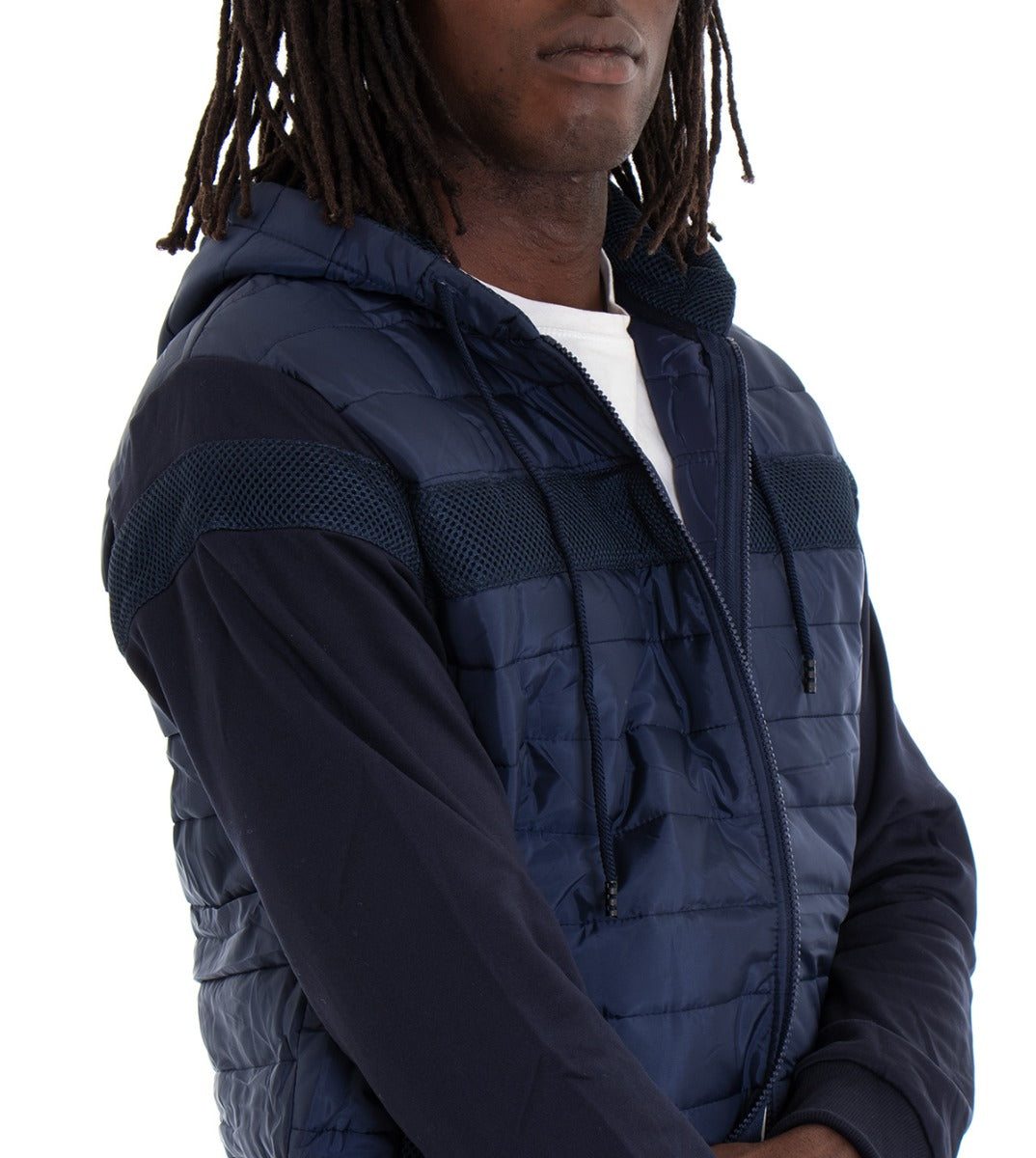 Giubbotto Uomo Bomber Trapuntato Cappuccio Tinta Unita Blu GIOSAL-G2396A