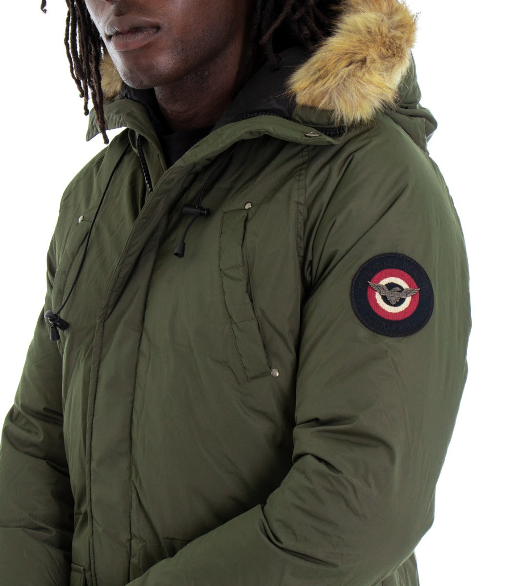 Giubbotto Uomo Parka Lungo Trapuntato Cappuccio Pelliccia Tinta Unita Verde GIOSAL-G2399A