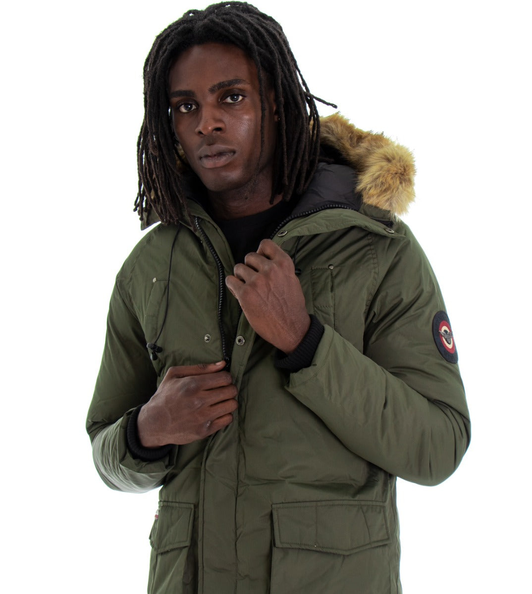 Giubbotto Uomo Parka Lungo Trapuntato Cappuccio Pelliccia Tinta Unita Verde GIOSAL-G2399A