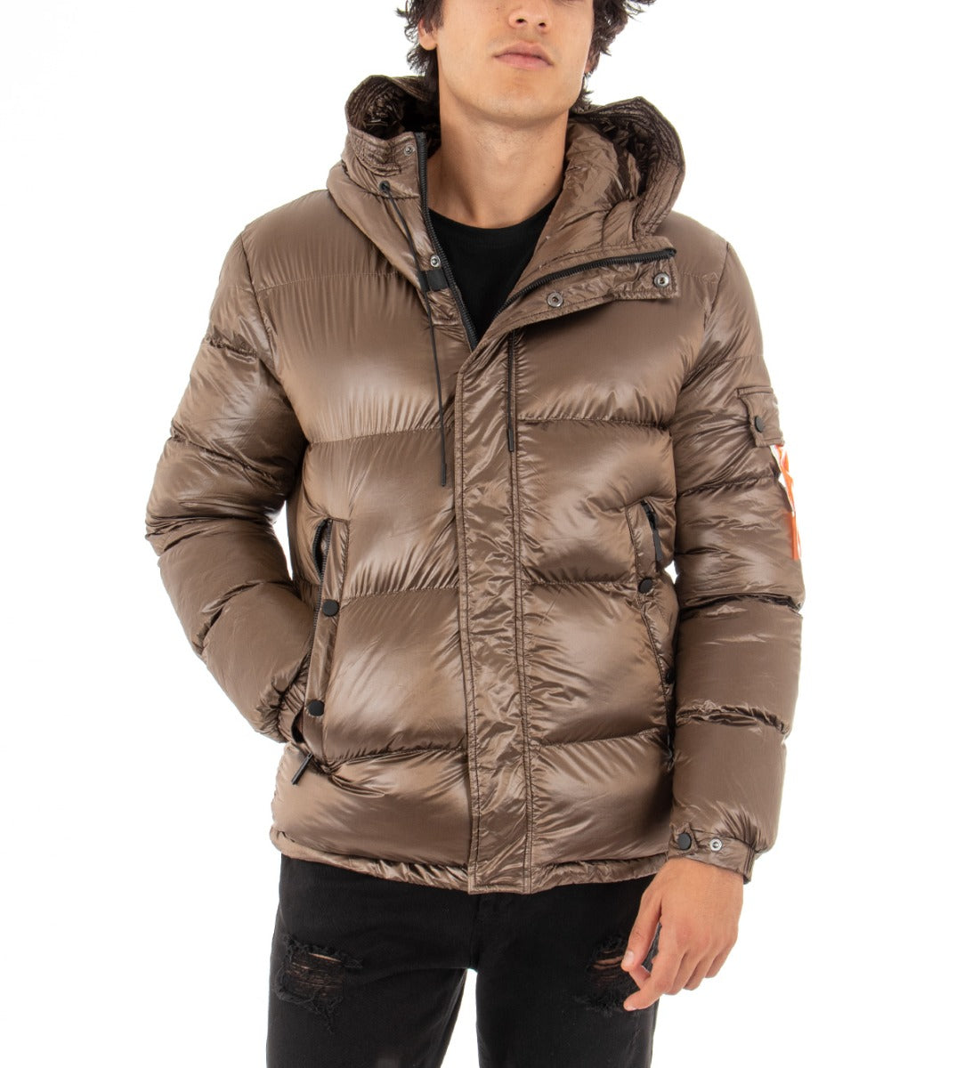 Giubbotto Uomo Bomber Lucido Bronzo Puffer Cappuccio Casual GIOSAL-G2429A