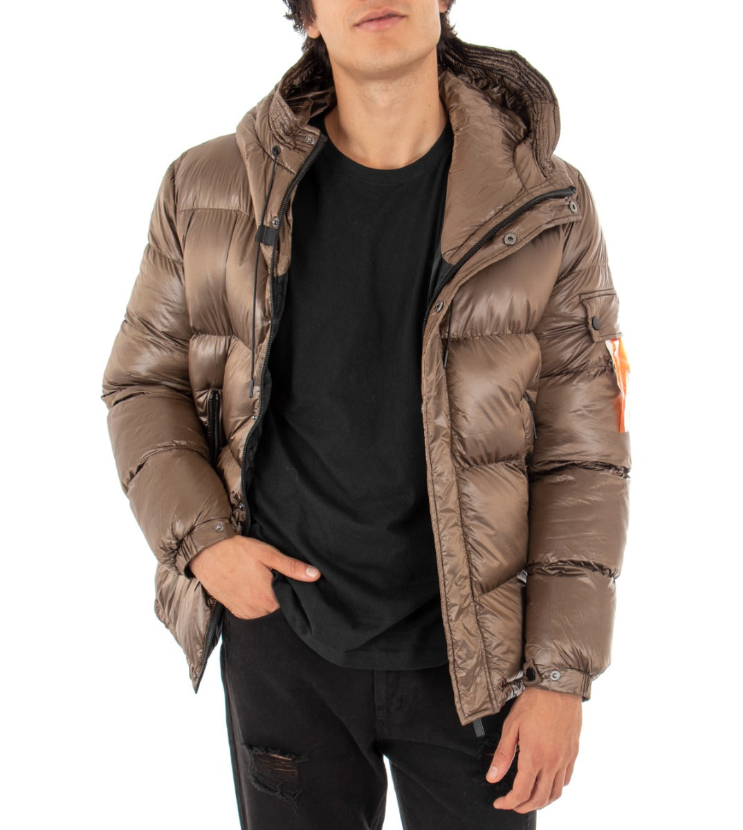 Giubbotto Uomo Bomber Lucido Bronzo Puffer Cappuccio Casual GIOSAL-G2429A