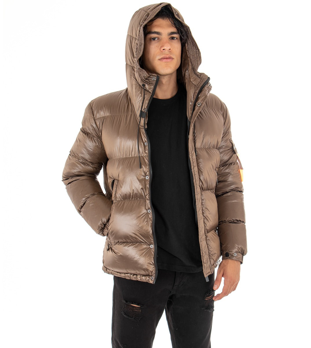 Giubbotto Uomo Bomber Lucido Bronzo Puffer Cappuccio Casual GIOSAL-G2429A