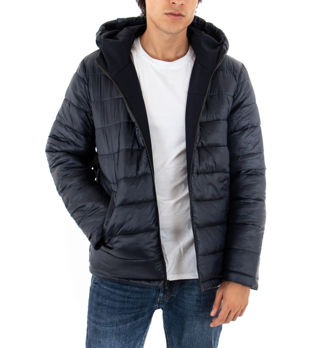 Giubbotto Uomo Giacca Tinta Unita Blu Tessuto Tecnico Double Face Casual GIOSAL-G2445A