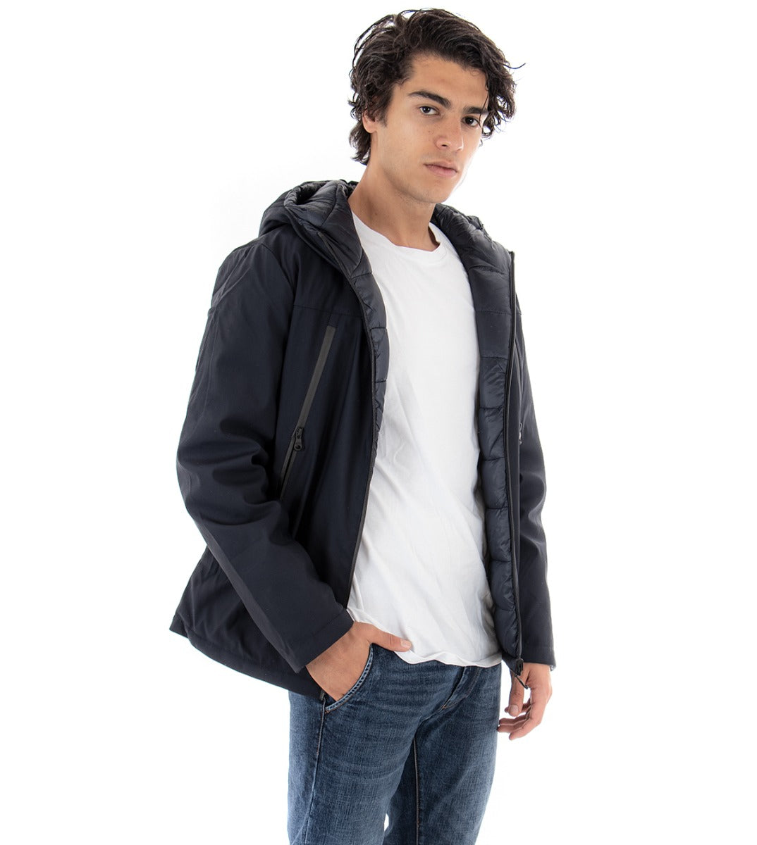 Giubbotto Uomo Giacca Tinta Unita Blu Tessuto Tecnico Double Face Casual GIOSAL-G2445A