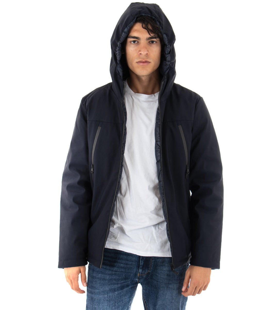 Giubbotto Uomo Giacca Tinta Unita Blu Tessuto Tecnico Double Face Casual GIOSAL-G2445A