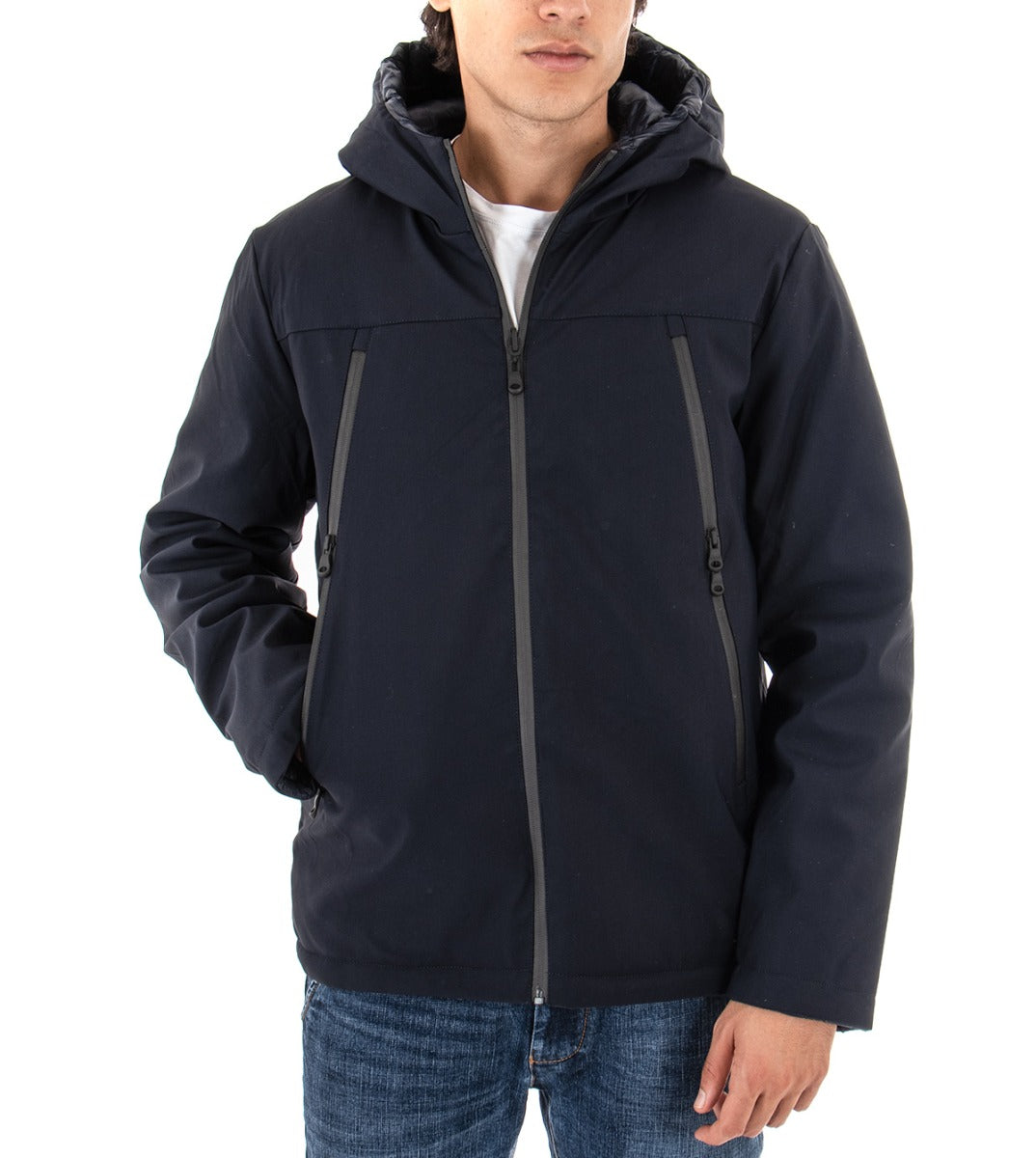 Giubbotto Uomo Giacca Tinta Unita Blu Tessuto Tecnico Double Face Casual GIOSAL-G2445A