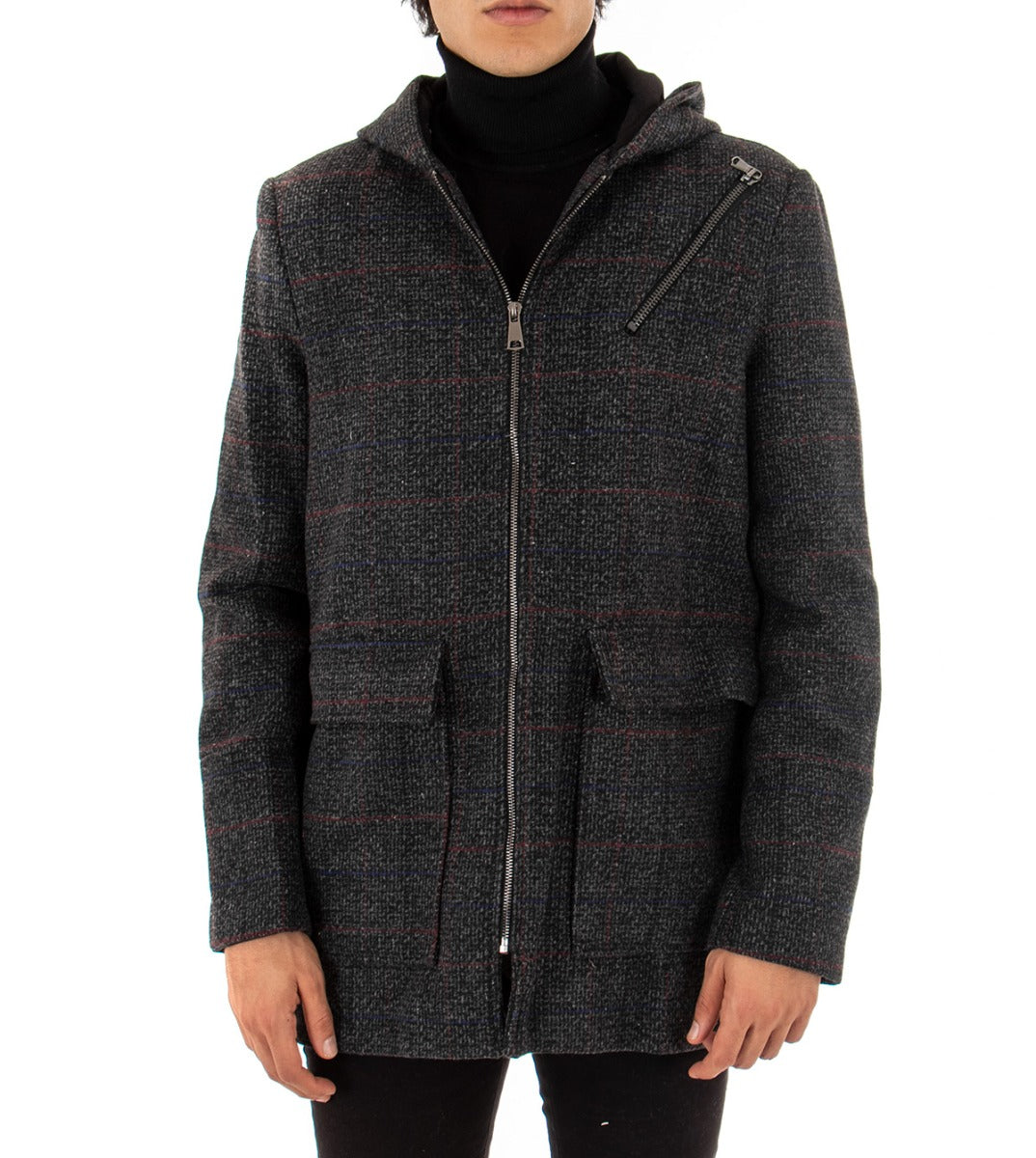 Cappotto Giubbotto Uomo Con Cappuccio Giacca Corta Con Zip Quadri Casual GIOSAL-G2459A