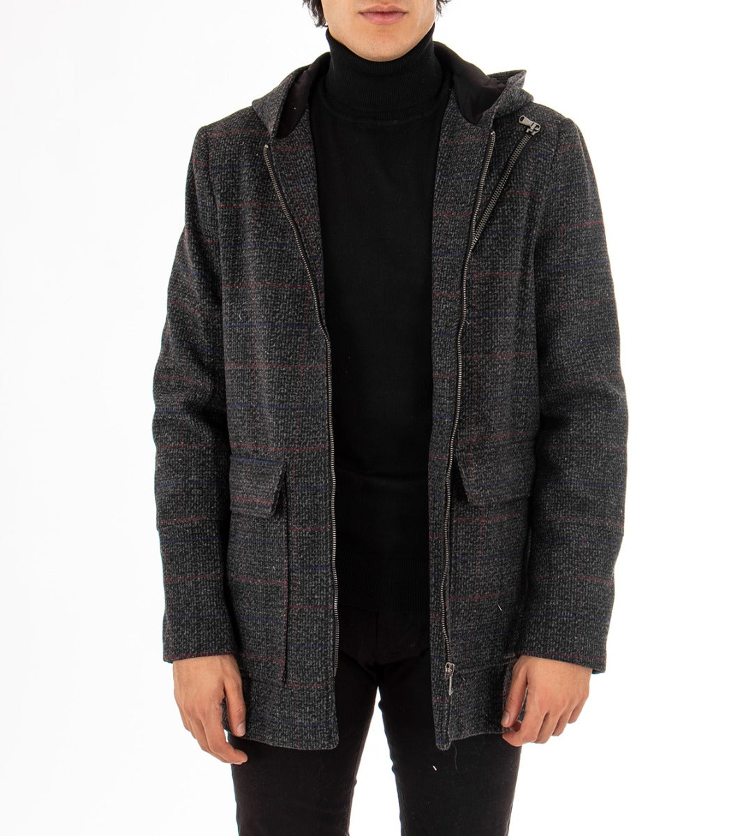 Cappotto Giubbotto Uomo Con Cappuccio Giacca Corta Con Zip Quadri Casual GIOSAL-G2459A