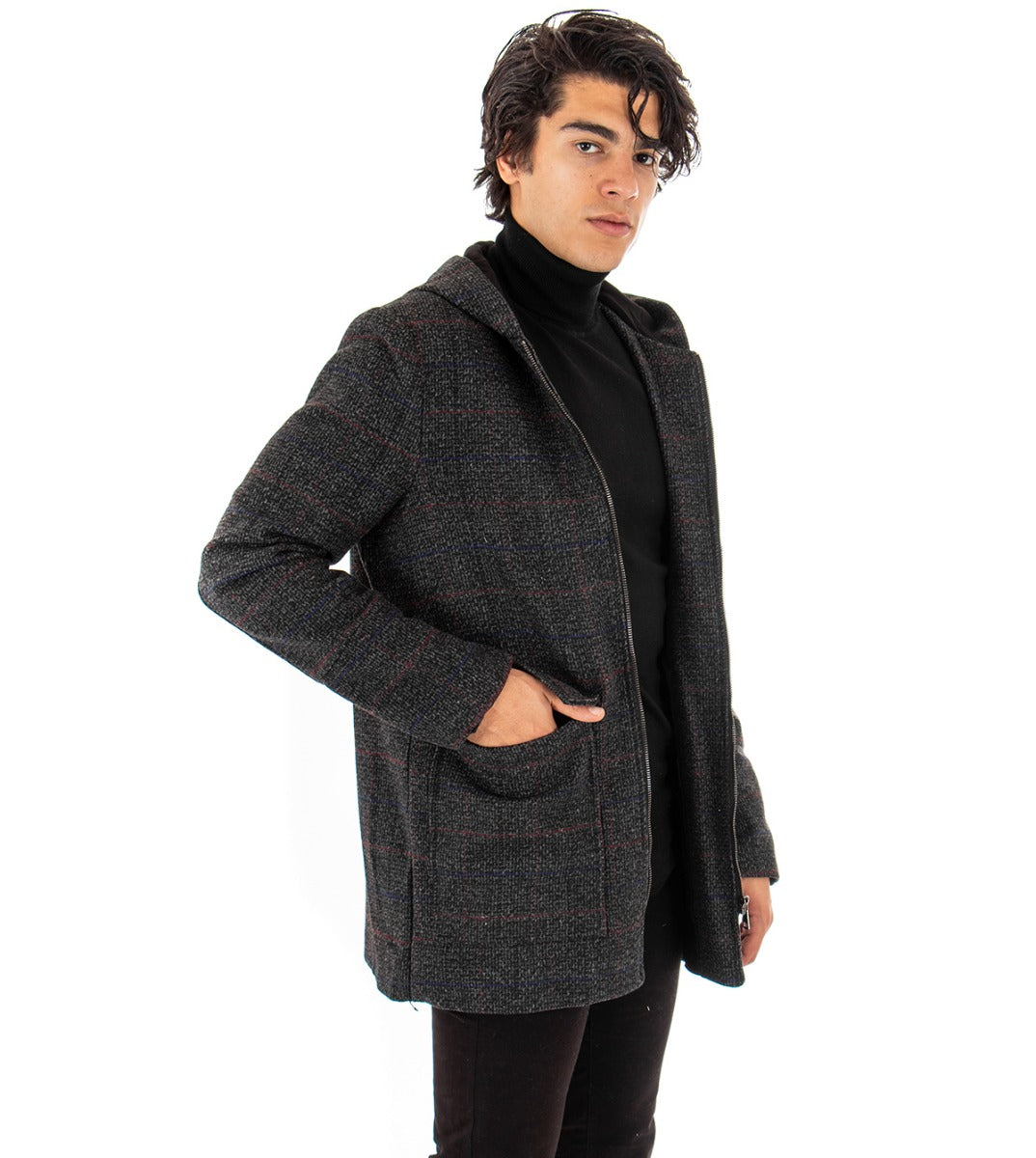 Cappotto Giubbotto Uomo Con Cappuccio Giacca Corta Con Zip Quadri Casual GIOSAL-G2459A