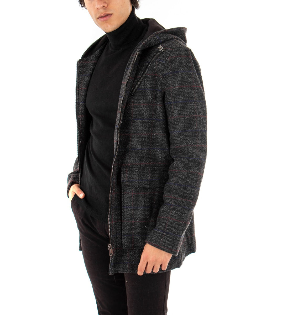 Cappotto Giubbotto Uomo Con Cappuccio Giacca Corta Con Zip Quadri Casual GIOSAL-G2459A