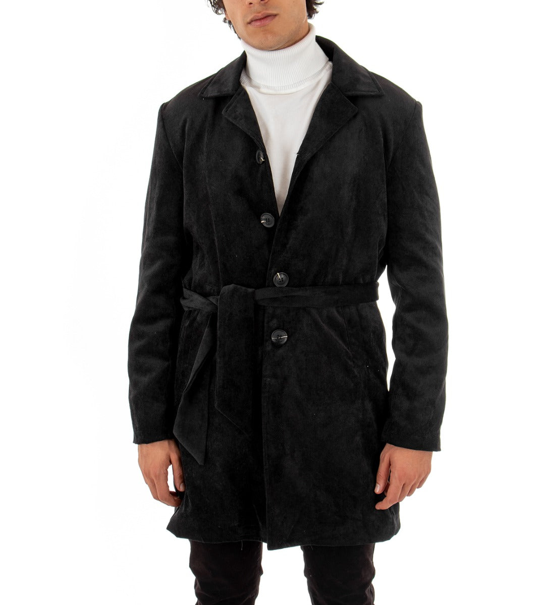 Cappotto Monopetto Uomo Giaccone Con Colletto Cintura Nero Baronetto Elegante GIOSAL-G2461A