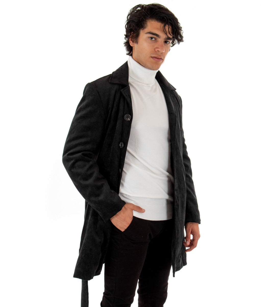 Cappotto Monopetto Uomo Giaccone Con Colletto Cintura Nero Baronetto Elegante GIOSAL-G2461A