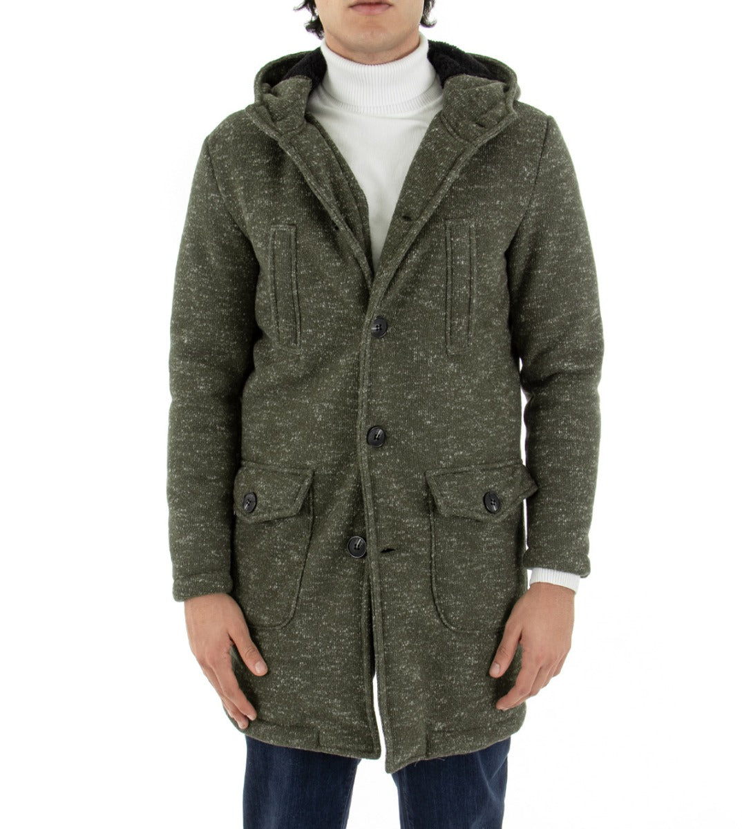 Cappotto Uomo Cappuccio Giubbotto Giacca Giaccone Monopetto Baronetto Elegante Verde GIOSAL-G2504A