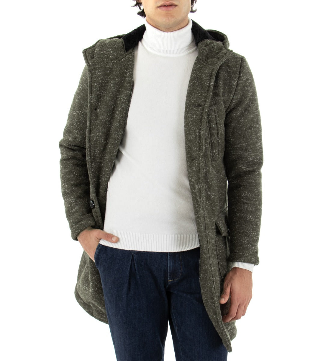 Cappotto Uomo Cappuccio Giubbotto Giacca Giaccone Monopetto Baronetto Elegante Verde GIOSAL-G2504A
