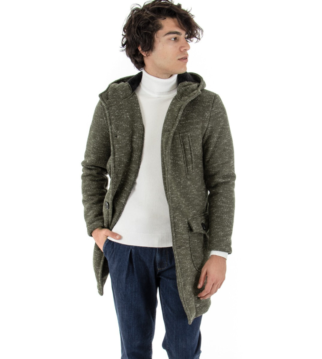 Cappotto Uomo Cappuccio Giubbotto Giacca Giaccone Monopetto Baronetto Elegante Verde GIOSAL-G2504A
