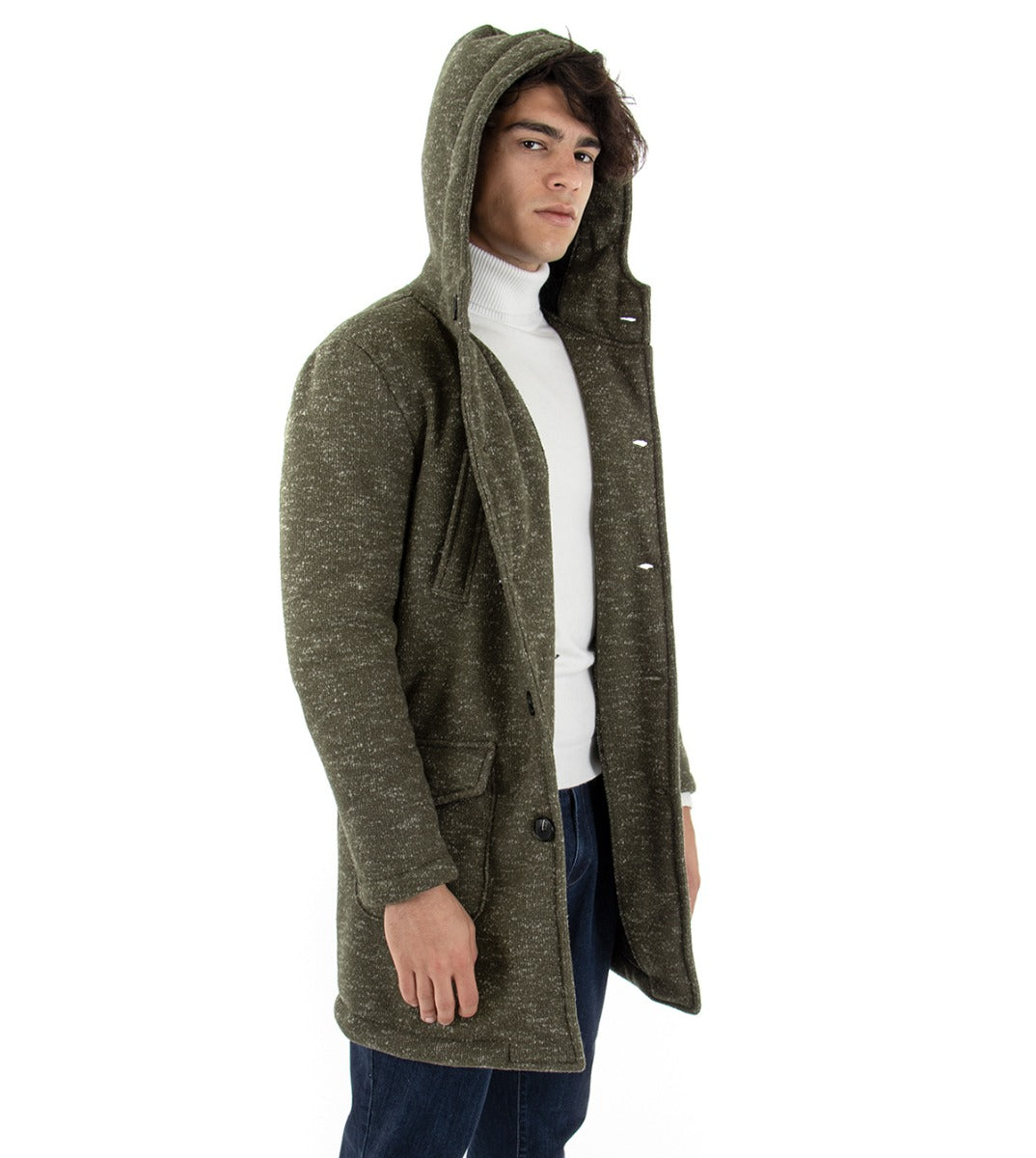 Cappotto Uomo Cappuccio Giubbotto Giacca Giaccone Monopetto Baronetto Elegante Verde GIOSAL-G2504A