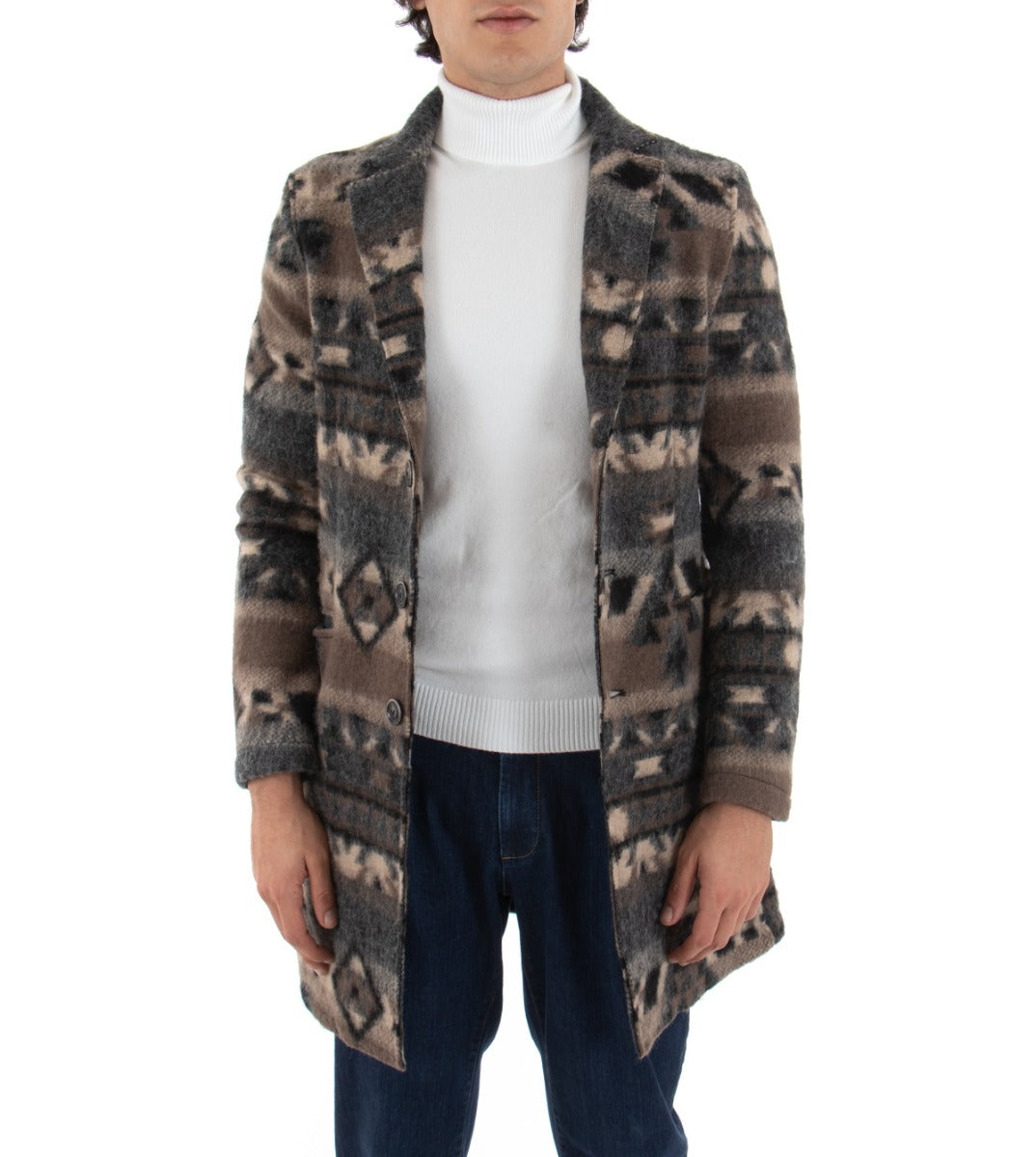 Cappotto Monopetto Uomo Giacca Colletto Reverse Giaccone Lungo Fantasia Etnica Giubbotto Baronetto GIOSAL-G2507A