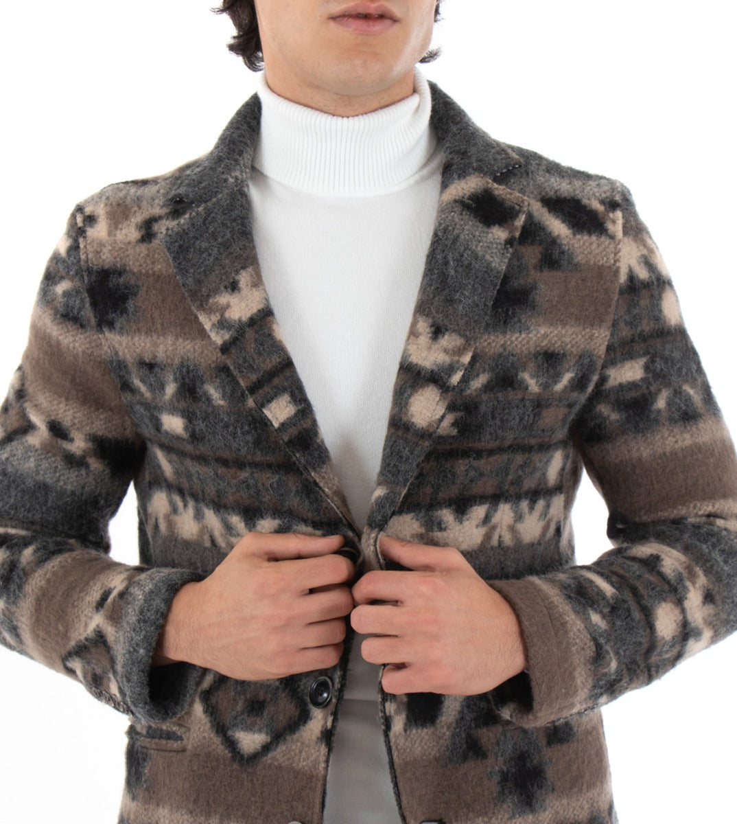 Cappotto Monopetto Uomo Giacca Colletto Reverse Giaccone Lungo Fantasia Etnica Giubbotto Baronetto GIOSAL-G2507A