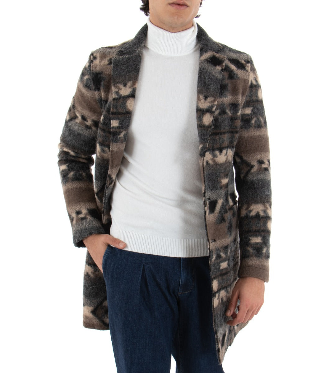 Cappotto Monopetto Uomo Giacca Colletto Reverse Giaccone Lungo Fantasia Etnica Giubbotto Baronetto GIOSAL-G2507A