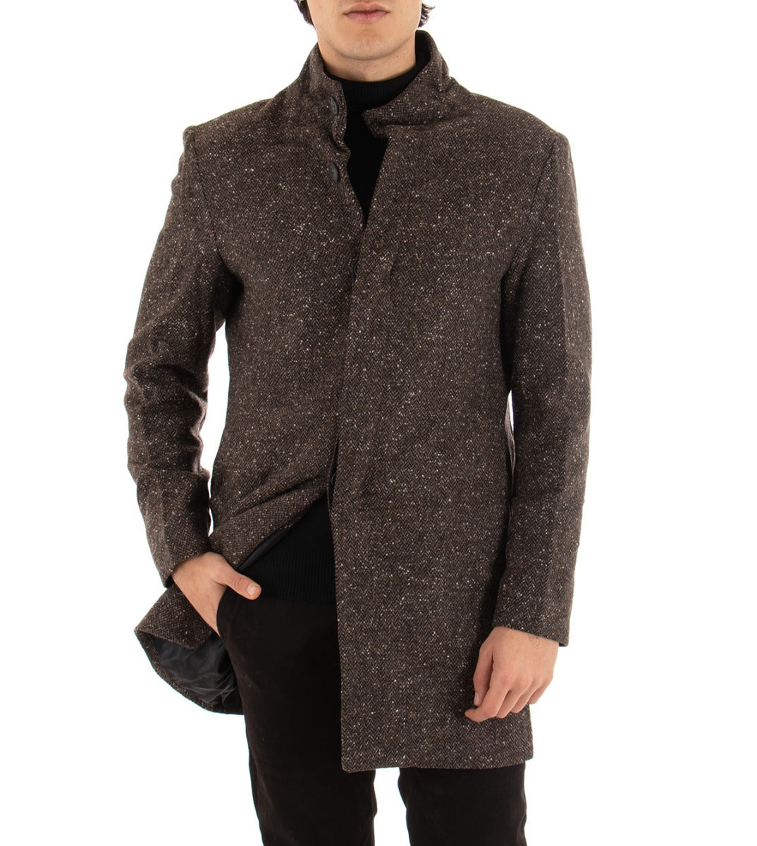 Cappotto Giacca Uomo Collo Coreano Giaccone Microfantasia Marrone Giubbotto Baronetto GIOSAL-G2518A