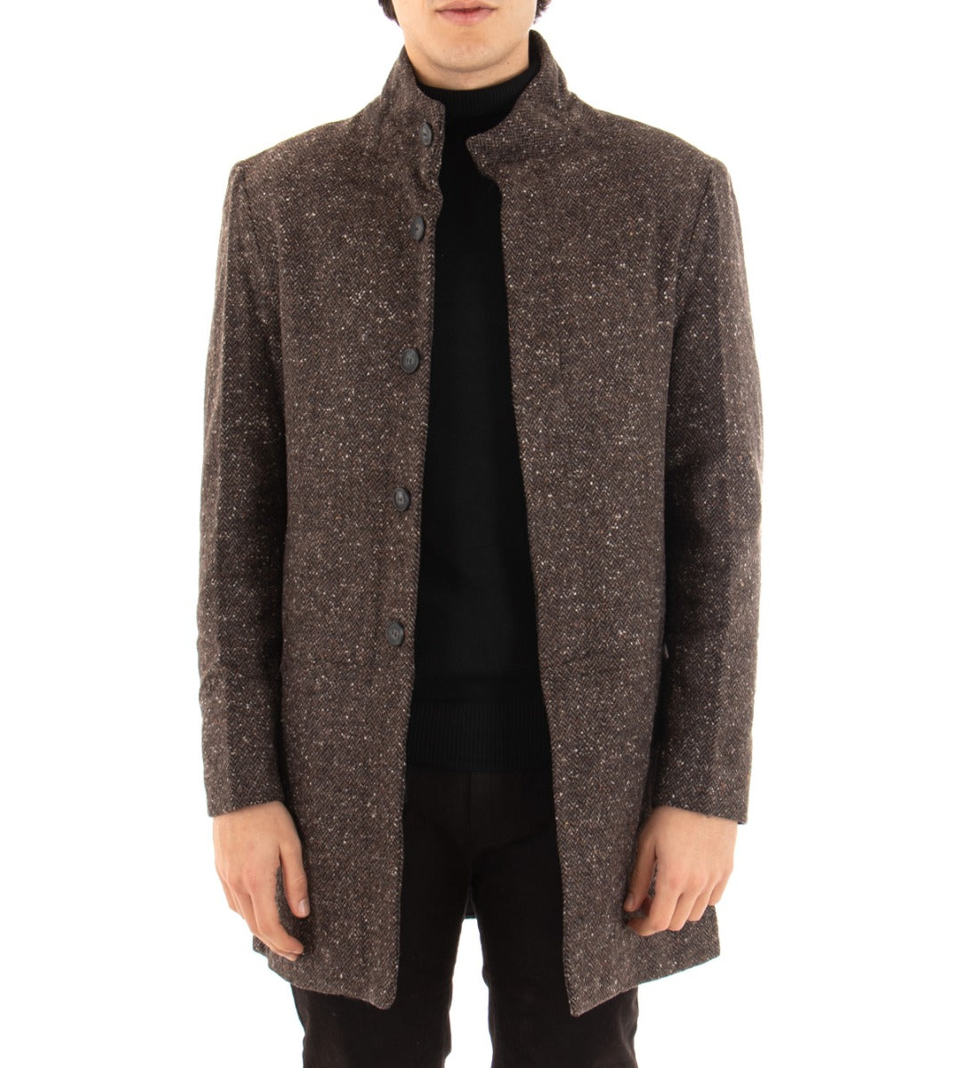 Cappotto Giacca Uomo Collo Coreano Giaccone Microfantasia Marrone Giubbotto Baronetto GIOSAL-G2518A