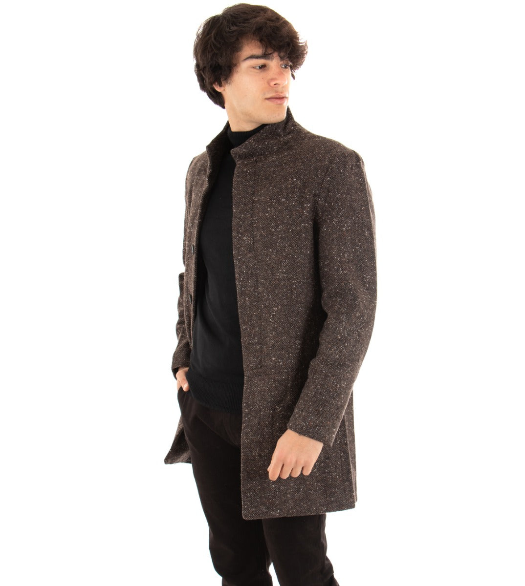 Cappotto Giacca Uomo Collo Coreano Giaccone Microfantasia Marrone Giubbotto Baronetto GIOSAL-G2518A