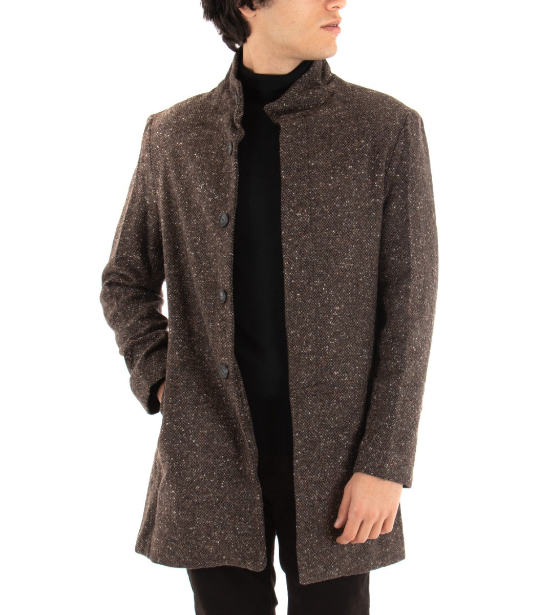 Cappotto Giacca Uomo Collo Coreano Giaccone Microfantasia Marrone Giubbotto Baronetto GIOSAL-G2518A