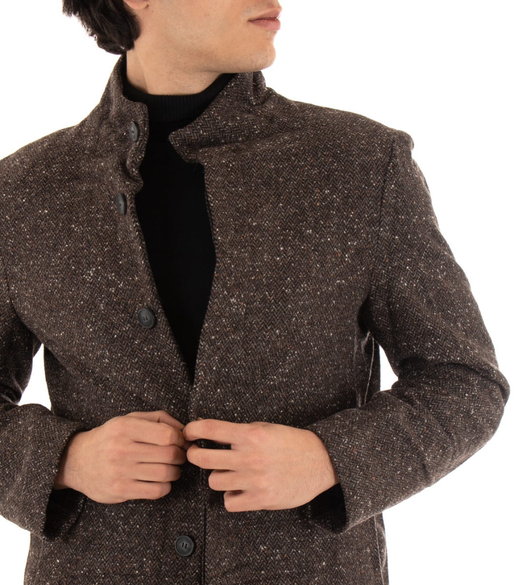 Cappotto Giacca Uomo Collo Coreano Giaccone Microfantasia Marrone Giubbotto Baronetto GIOSAL-G2518A